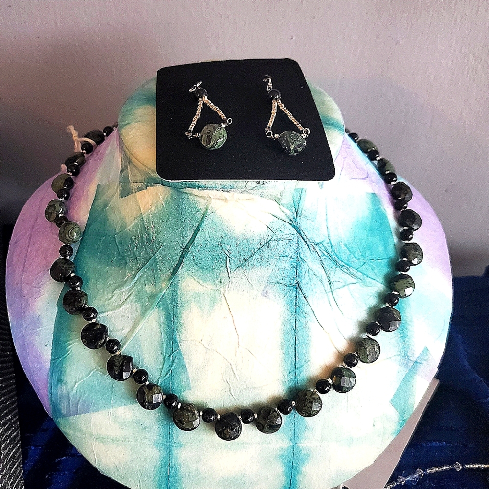 Necklace & Earring Set - Green Serpentine, Black Stone and Sterling Silver